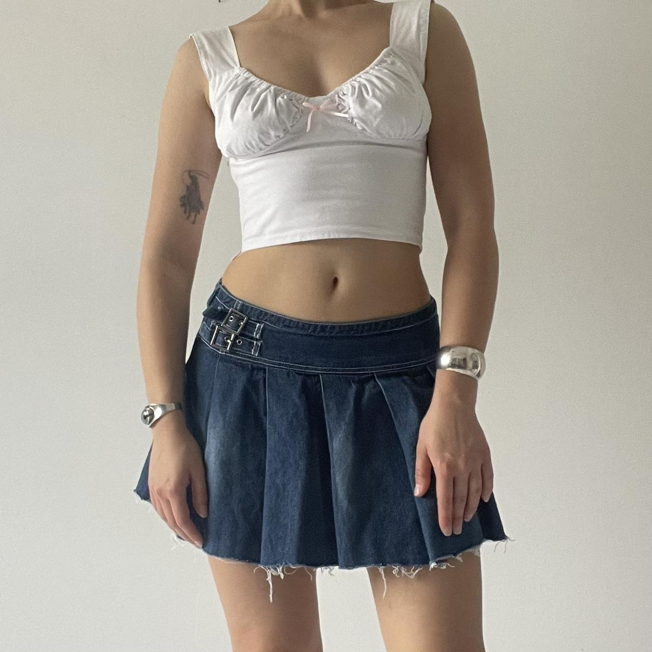 Low Rise Micro Mini Pleated Denim Skirt