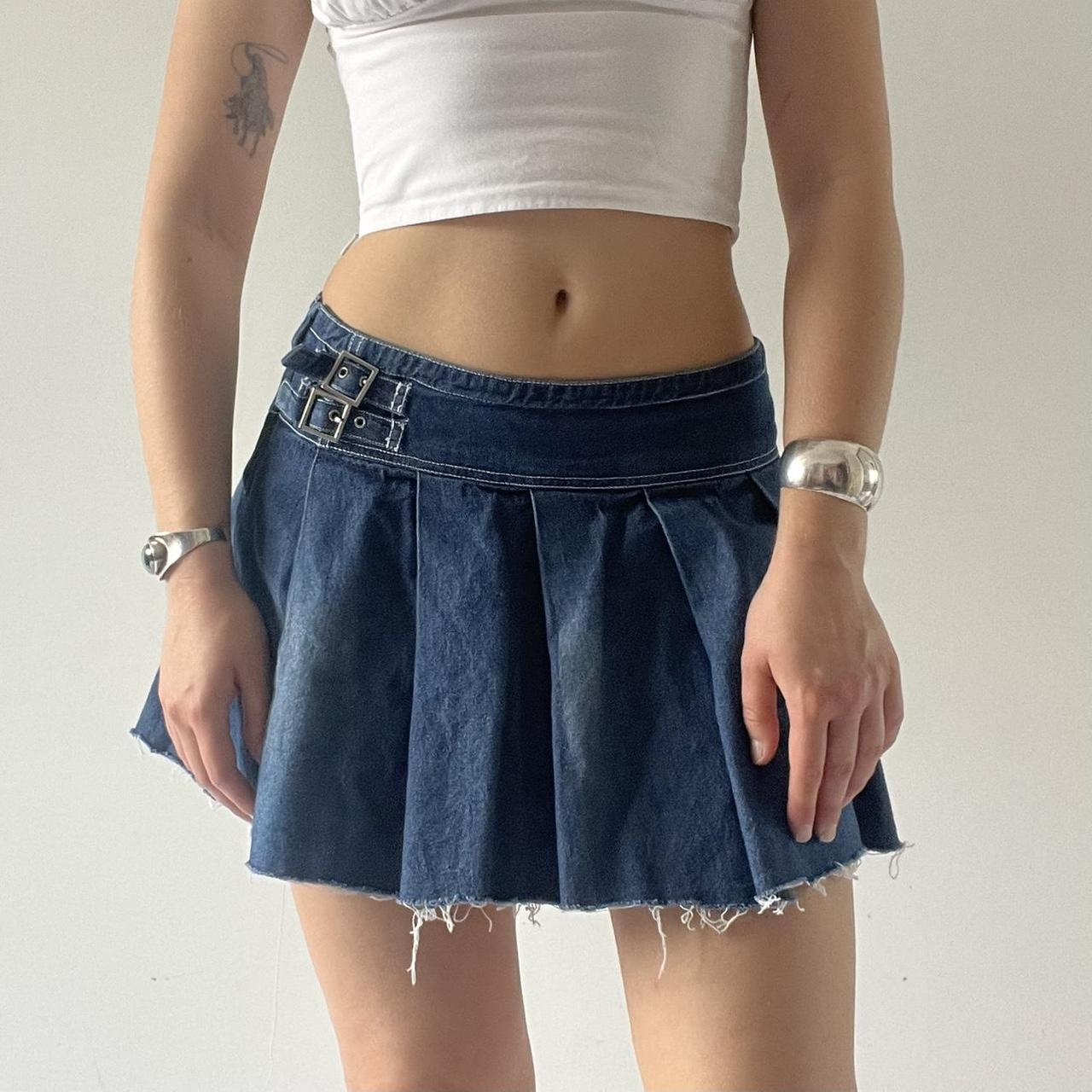 Low Rise Micro Mini Pleated Denim Skirt