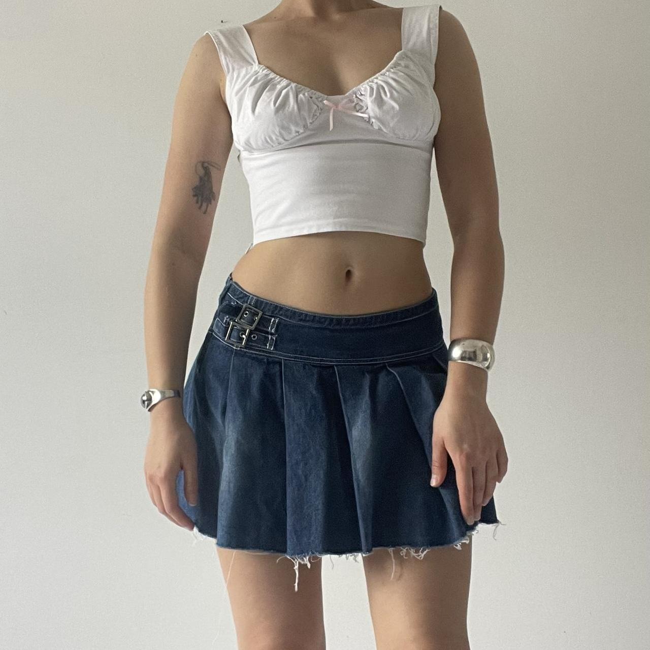 Low Rise Micro Mini Pleated Denim Skirt