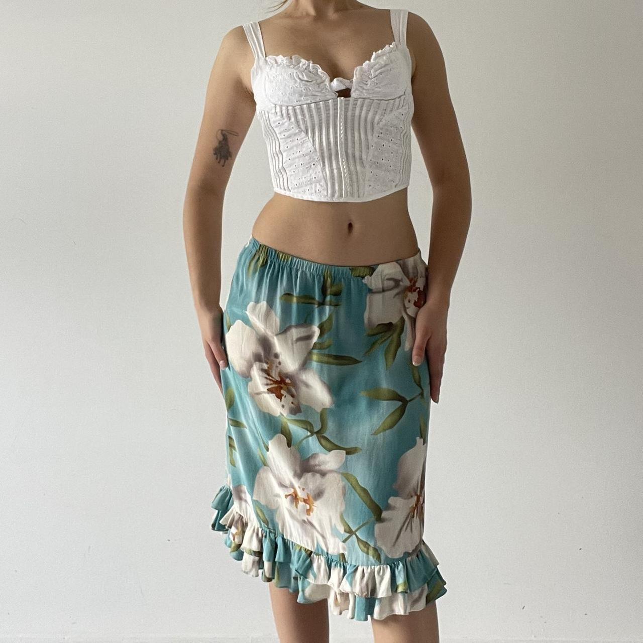 100% Silk Floral Midi Skirt with Ruffle