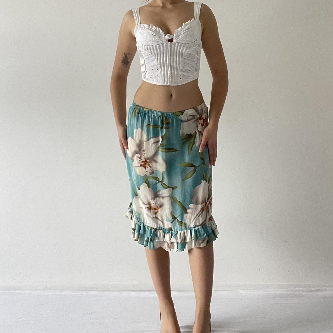 100% Silk Floral Midi Skirt with Ruffle