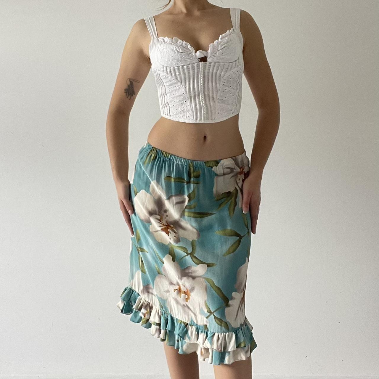 100% Silk Floral Midi Skirt with Ruffle