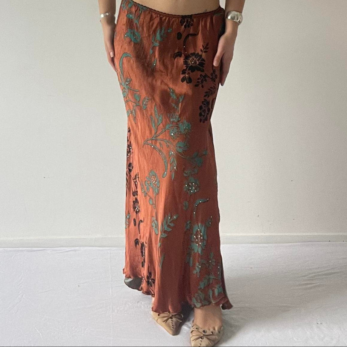 Silk Burnout Bias Cut Maxi Skirt with Beading | 6-12