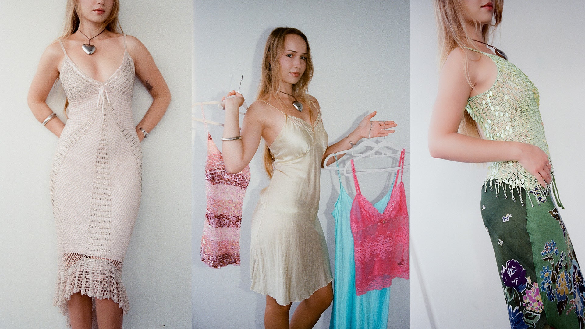 Three images of a woman wearing different dresses against a white background
